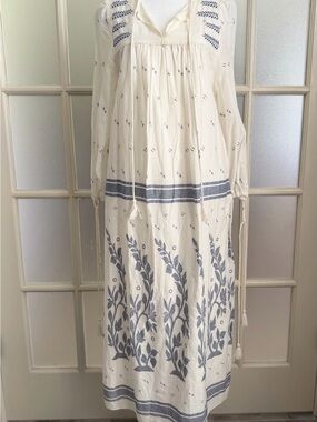 NWT Zara Cream & Blue Embroidered Boho Midi Dress